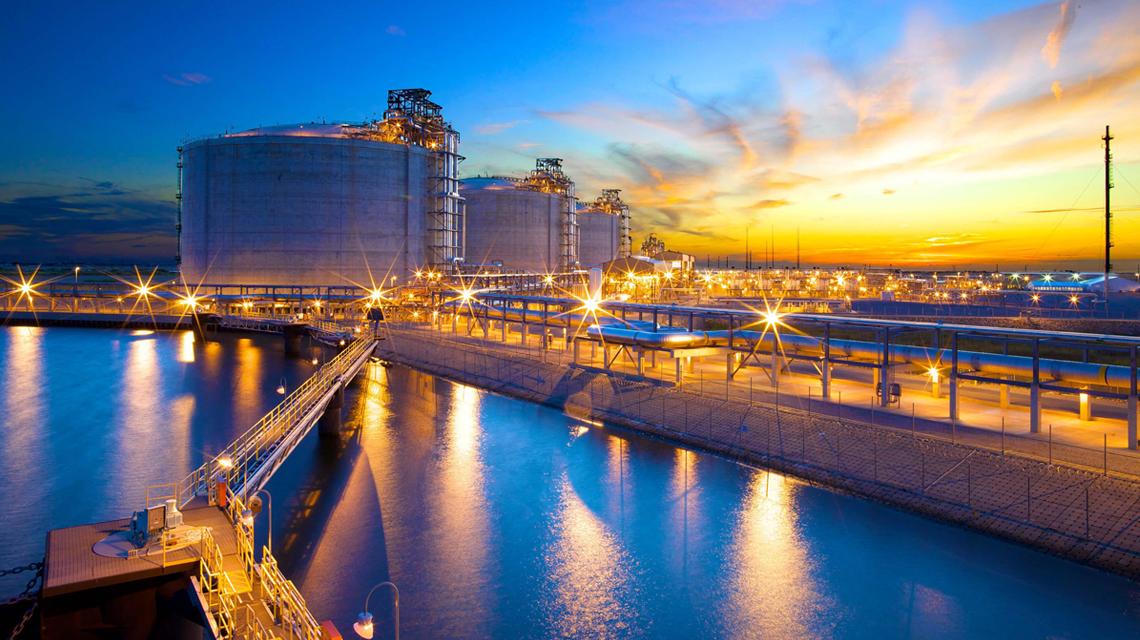 Cameron LNG tanks at sunset